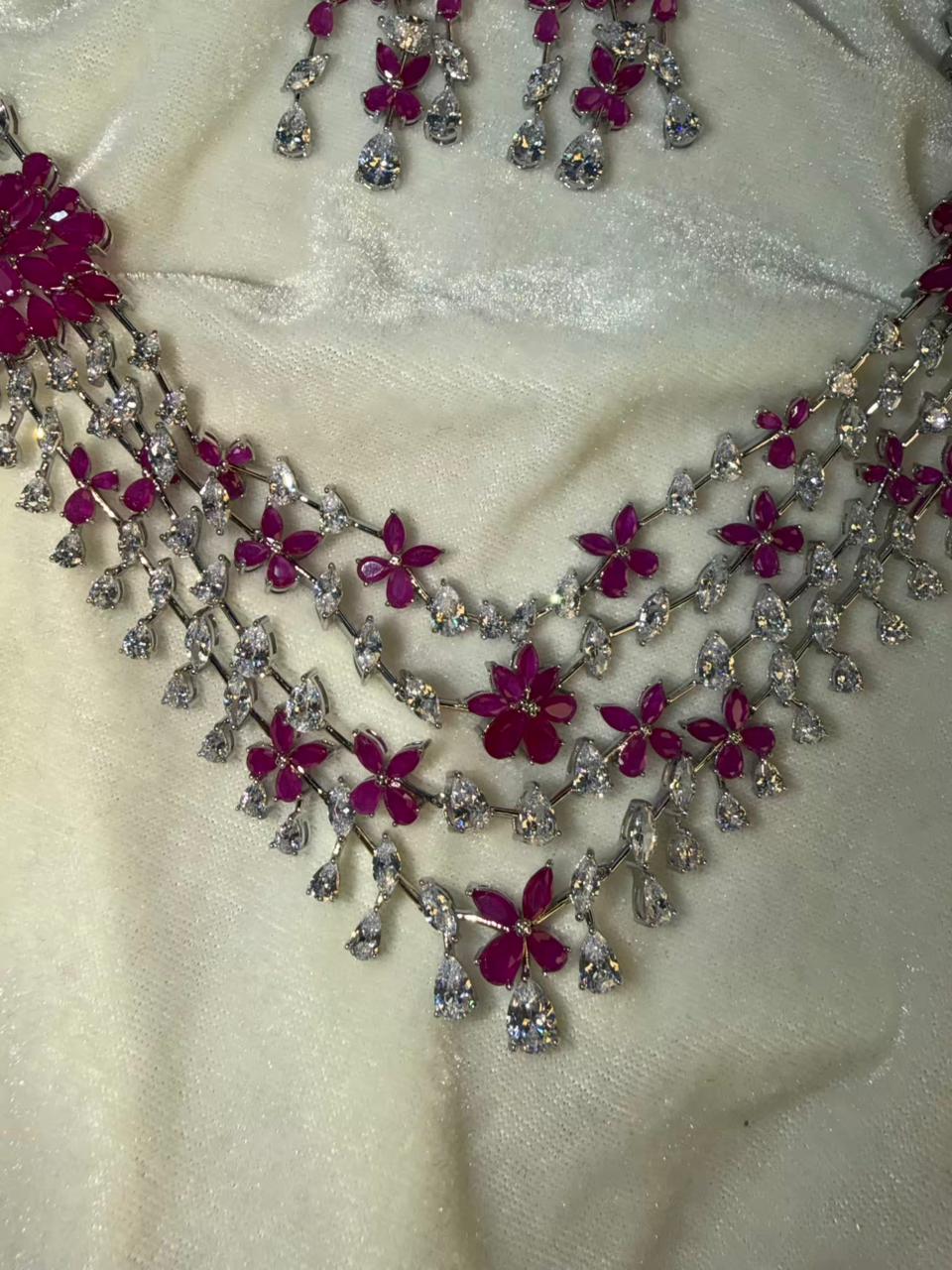 Floral Cascade Design Rhodium-Plated Silver Necklace Set with Ruby Pink Stones