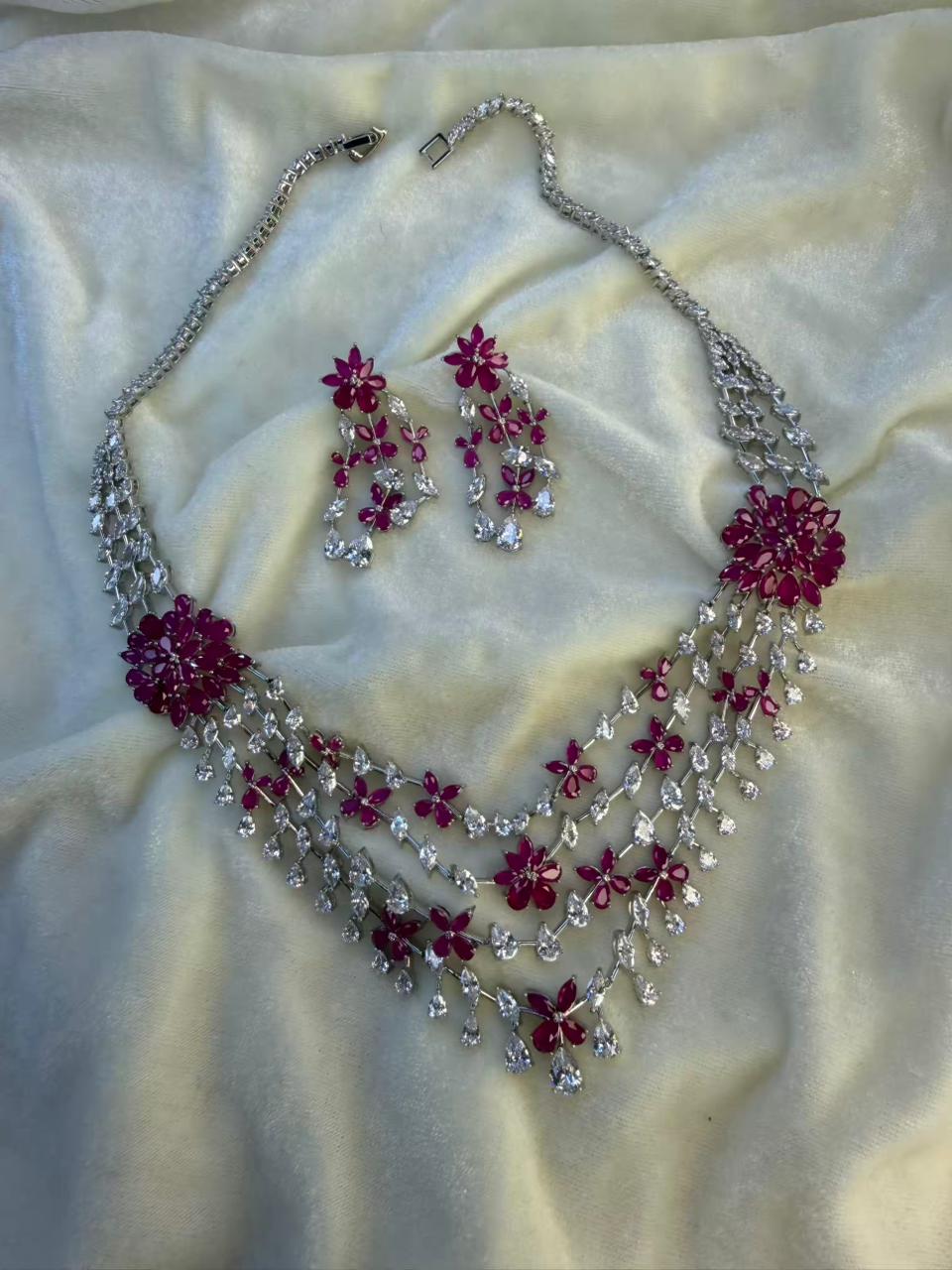 Floral Cascade Design Rhodium-Plated Silver Necklace Set with Ruby Pink Stones