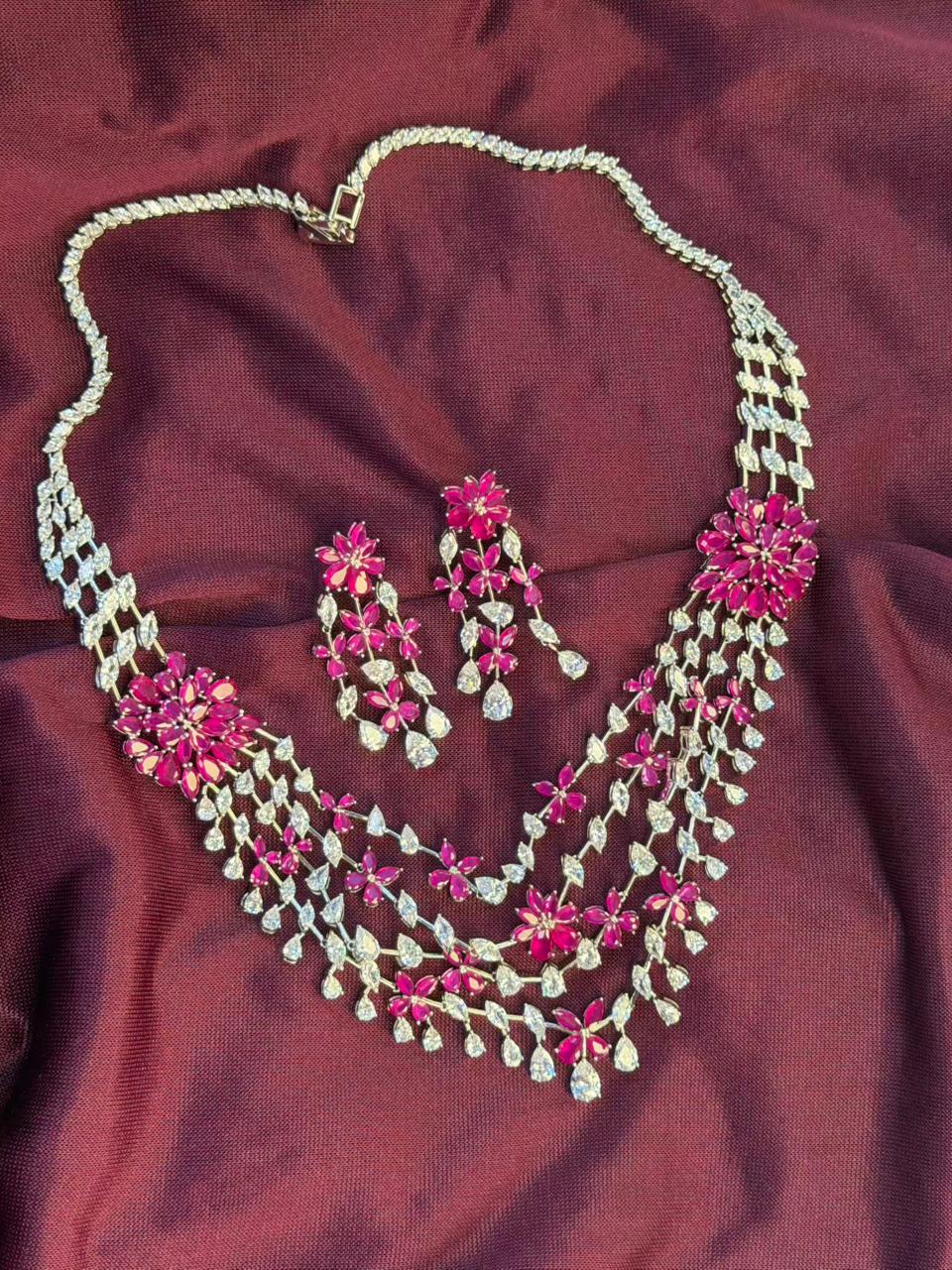 Floral Cascade Design Rhodium-Plated Silver Necklace Set with Ruby Pink Stones