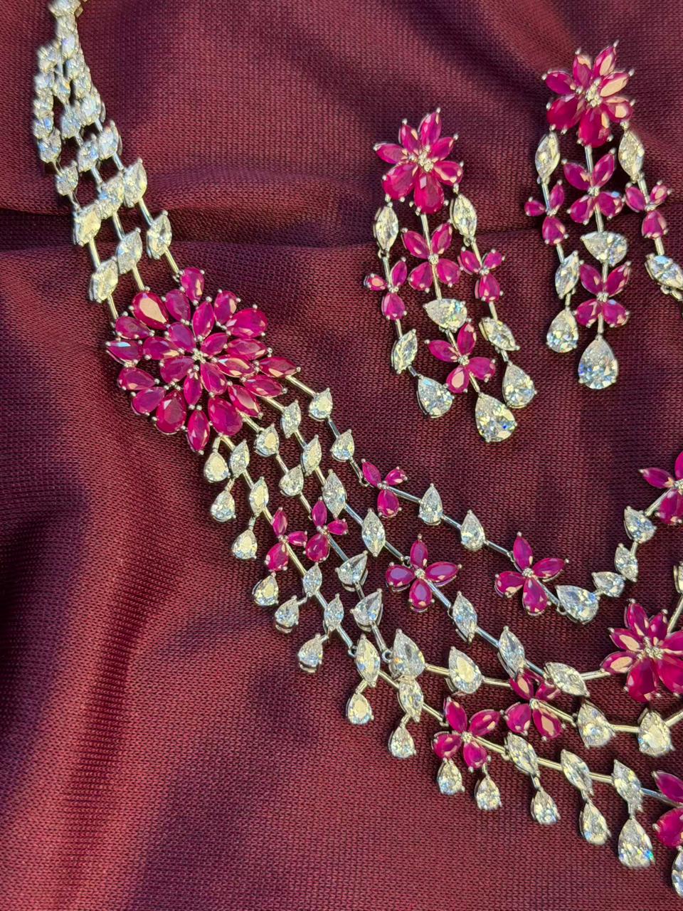 Floral Cascade Design Rhodium-Plated Silver Necklace Set with Ruby Pink Stones
