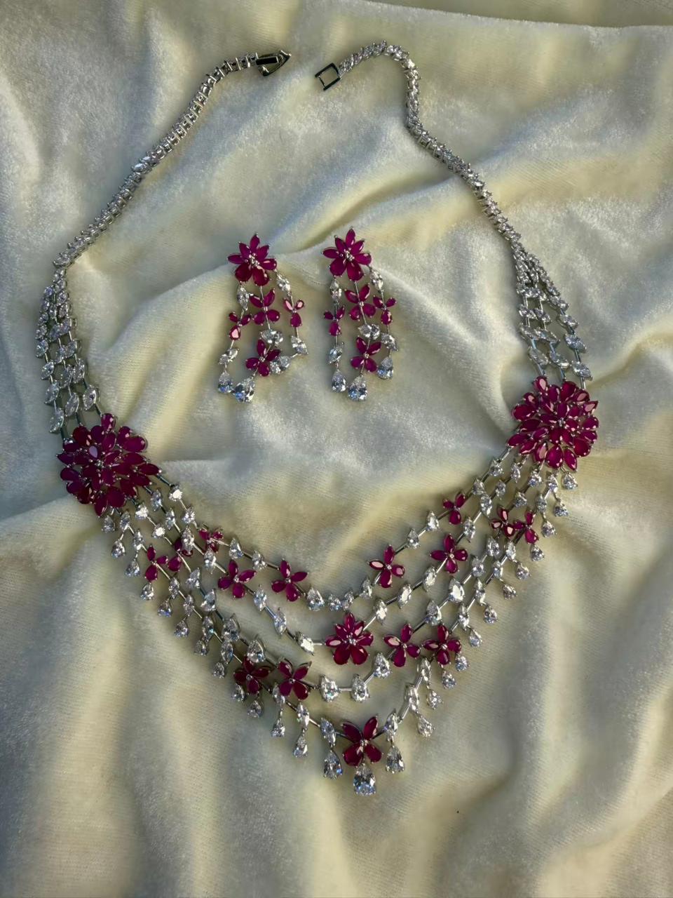 Floral Cascade Design Rhodium-Plated Silver Necklace Set with Ruby Pink Stones