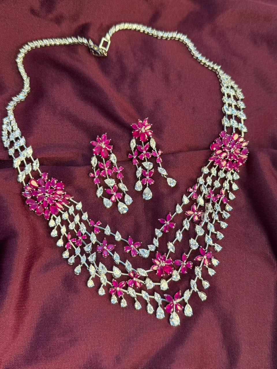 Floral Cascade Design Rhodium-Plated Silver Necklace Set with Ruby Pink Stones