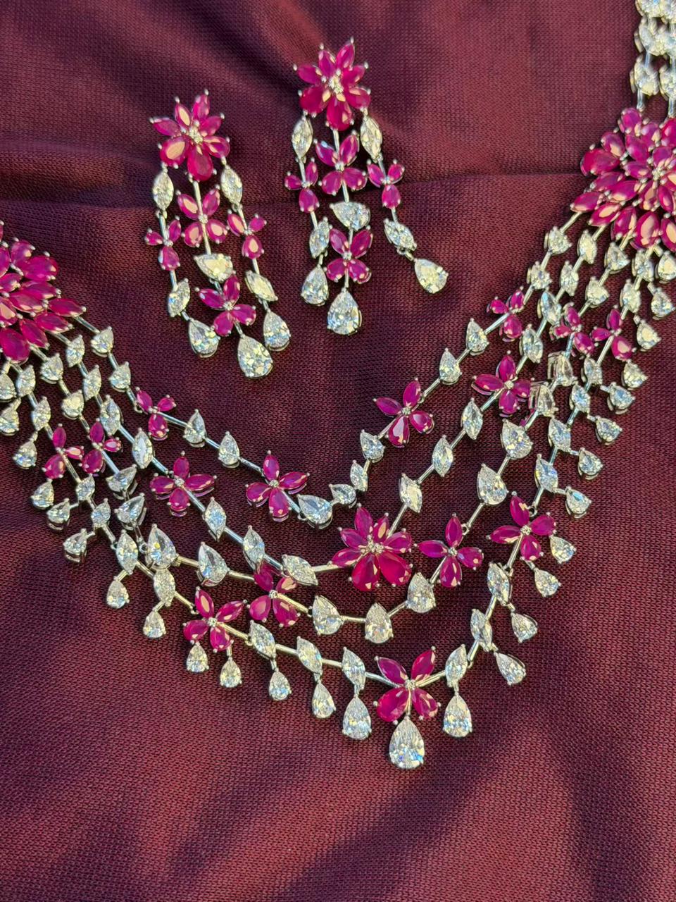 Floral Cascade Design Rhodium-Plated Silver Necklace Set with Ruby Pink Stones