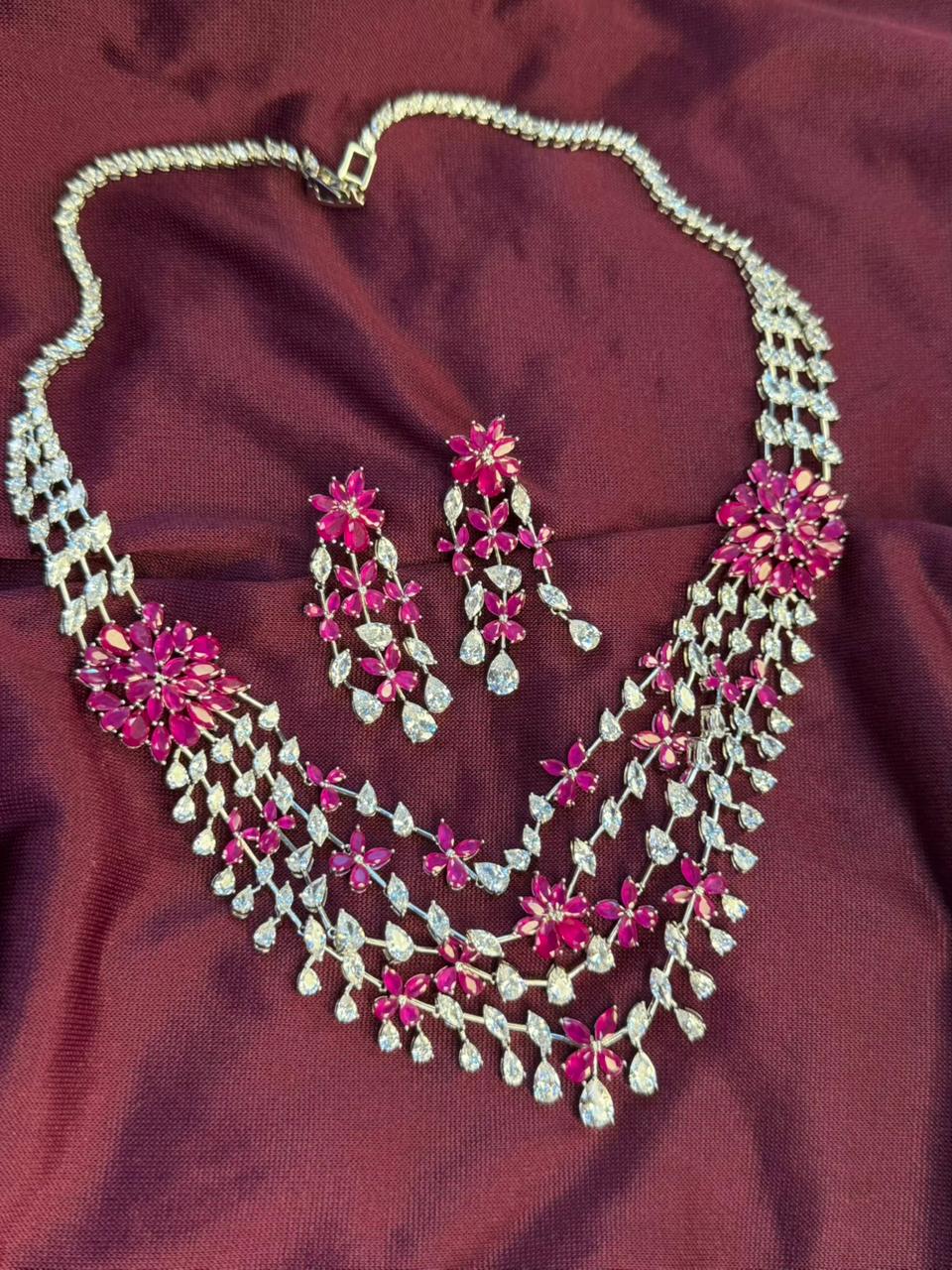 Floral Cascade Design Rhodium-Plated Silver Necklace Set with Ruby Pink Stones