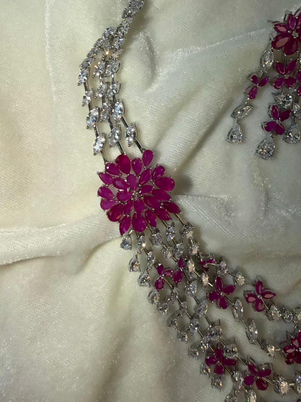 Floral Cascade Design Rhodium-Plated Silver Necklace Set with Ruby Pink Stones