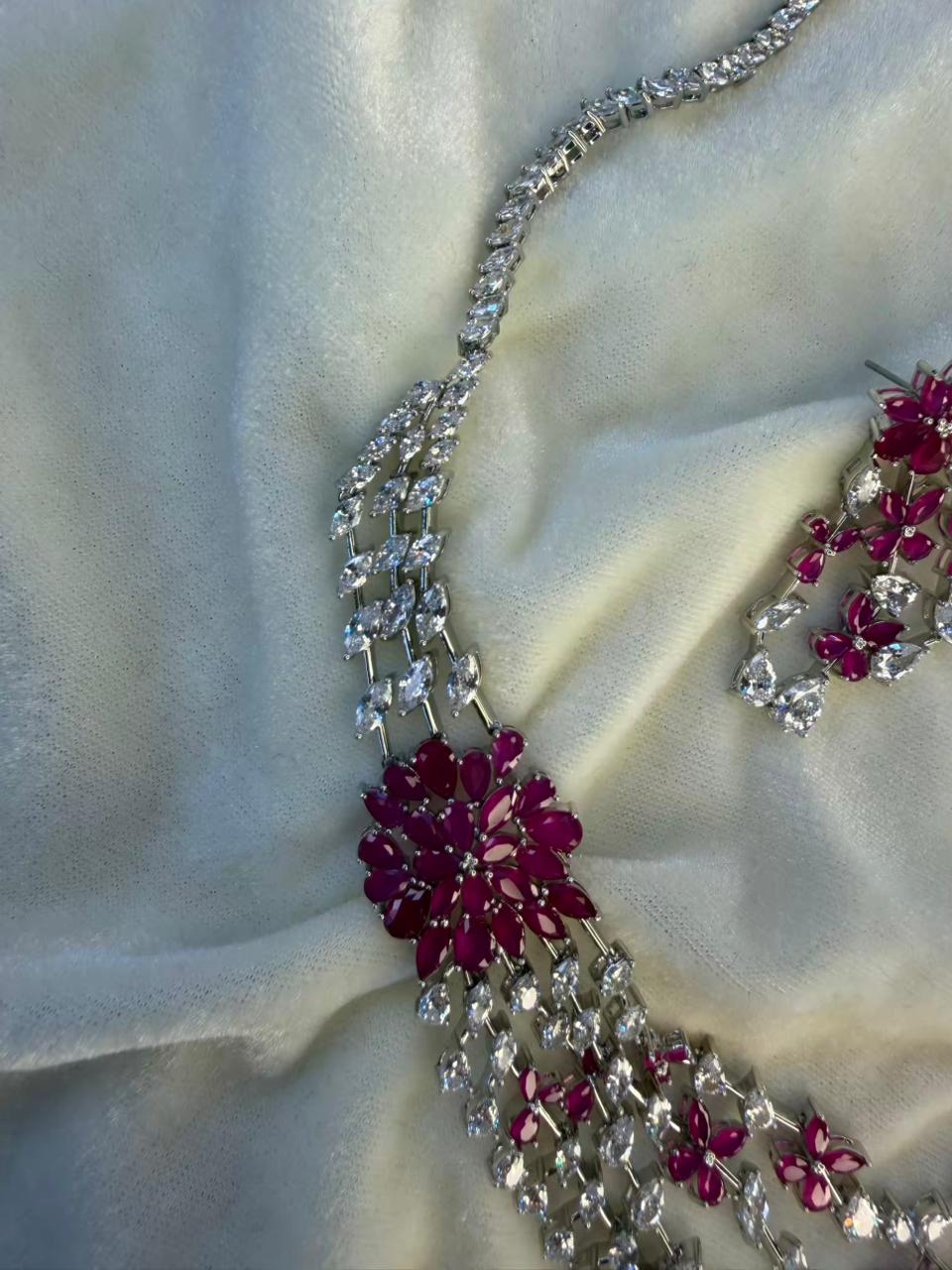 Floral Cascade Design Rhodium-Plated Silver Necklace Set with Ruby Pink Stones