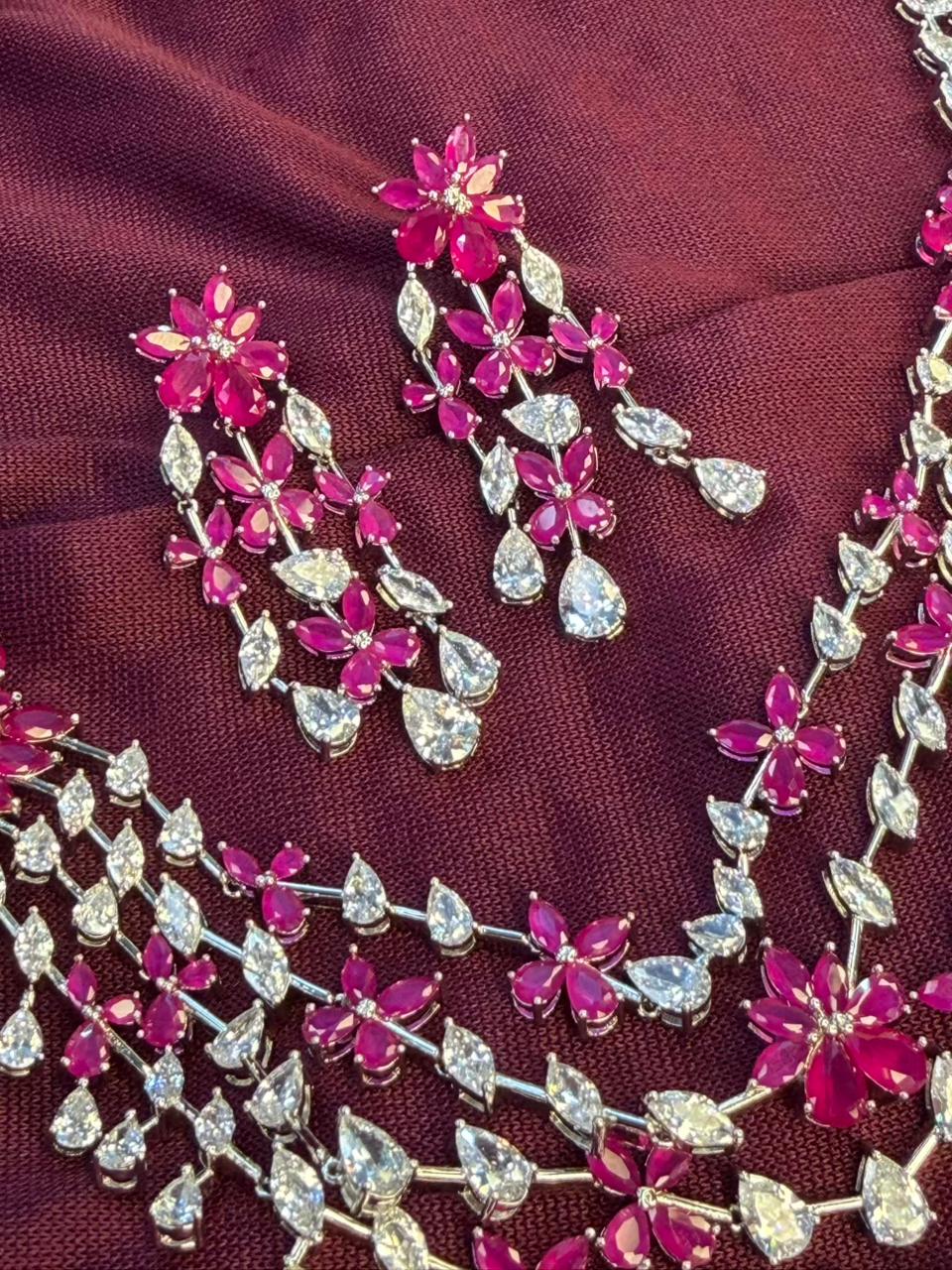 Floral Cascade Design Rhodium-Plated Silver Necklace Set with Ruby Pink Stones