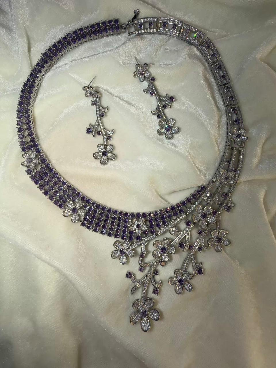 Floral Vine Design Rhodium-Plated Silver Necklace Set with Lavender and Clear Stones