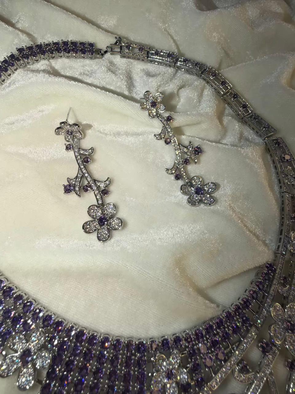 Floral Vine Design Rhodium-Plated Silver Necklace Set with Lavender and Clear Stones