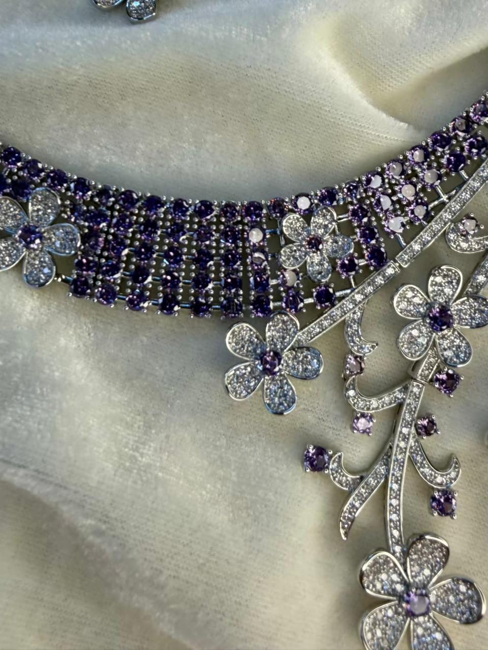 Floral Vine Design Rhodium-Plated Silver Necklace Set with Lavender and Clear Stones