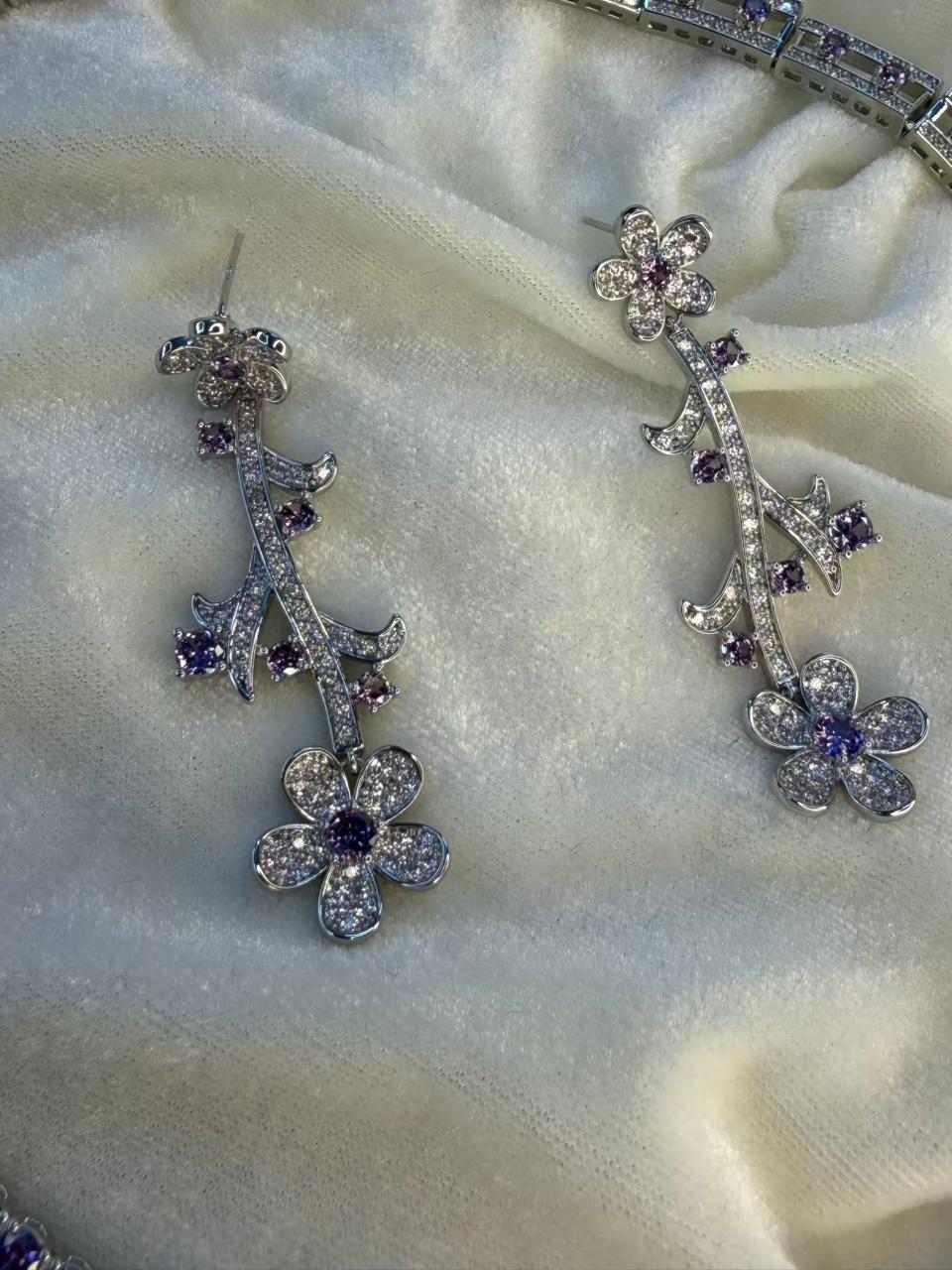 Floral Vine Design Rhodium-Plated Silver Necklace Set with Lavender and Clear Stones