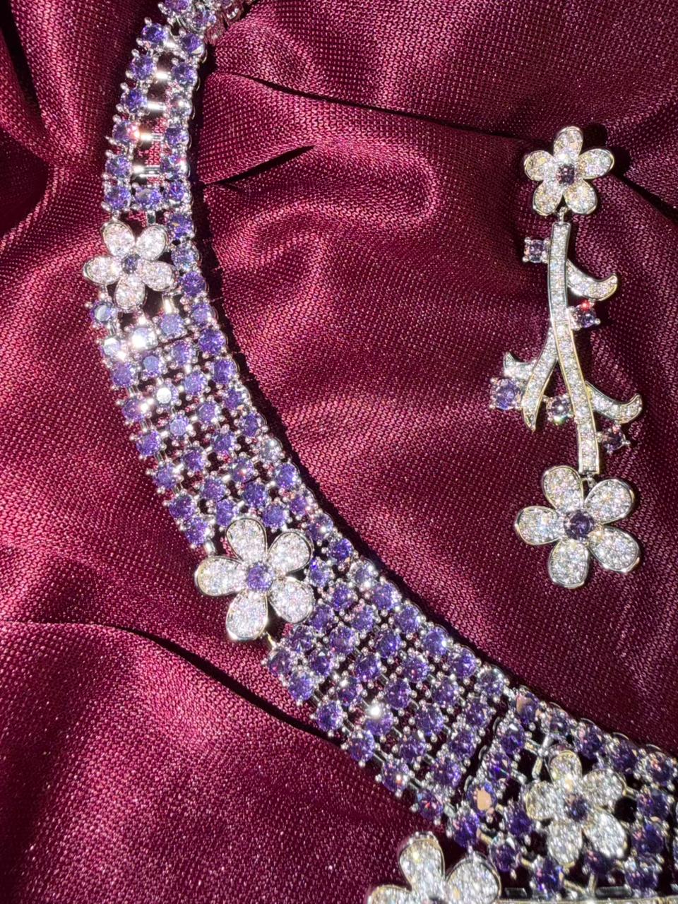 Floral Vine Design Rhodium-Plated Silver Necklace Set with Lavender and Clear Stones