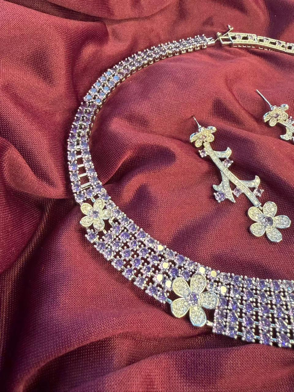 Floral Vine Design Rhodium-Plated Silver Necklace Set with Lavender and Clear Stones