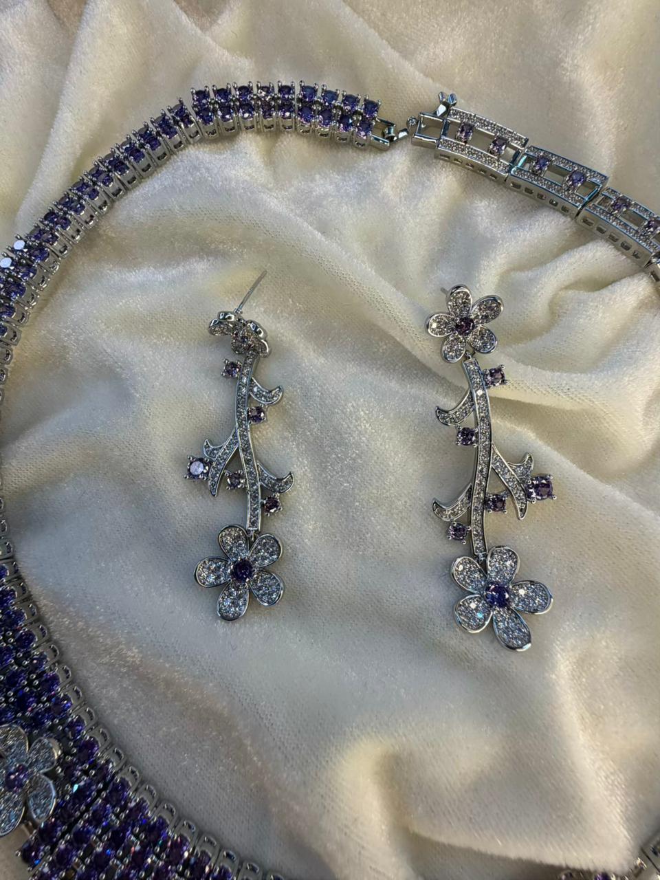 Floral Vine Design Rhodium-Plated Silver Necklace Set with Lavender and Clear Stones