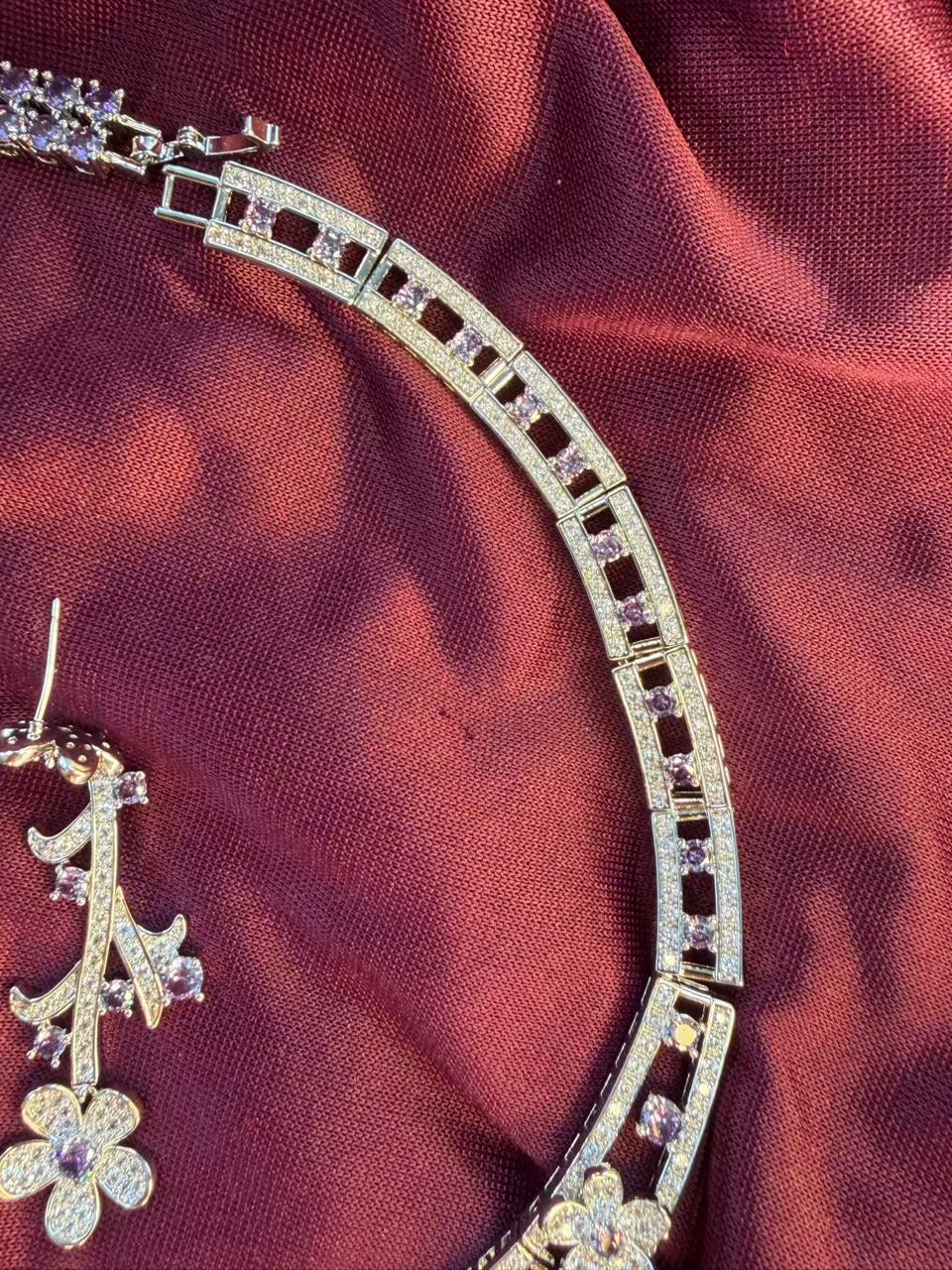 Floral Vine Design Rhodium-Plated Silver Necklace Set with Lavender and Clear Stones