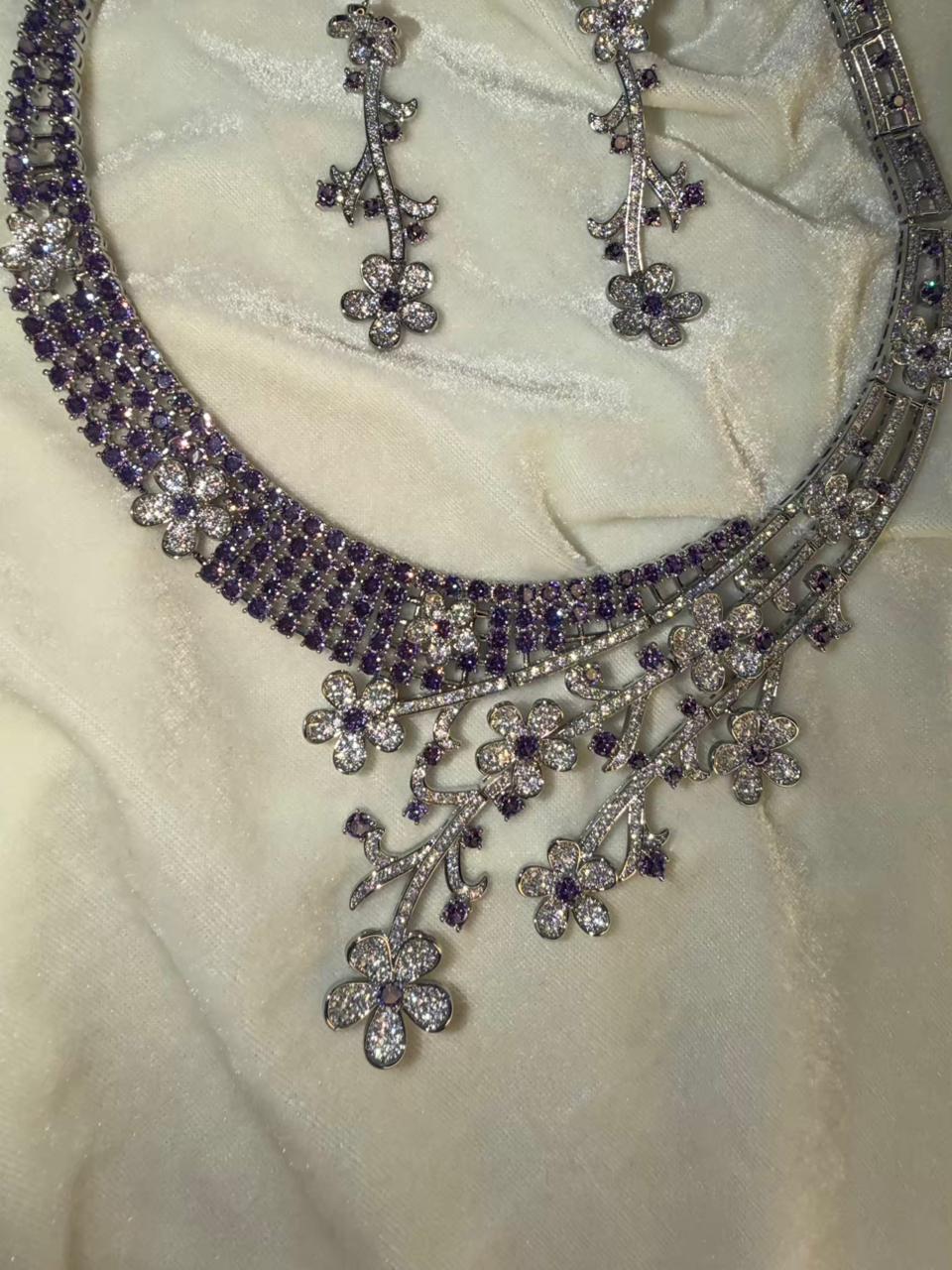 Floral Vine Design Rhodium-Plated Silver Necklace Set with Lavender and Clear Stones