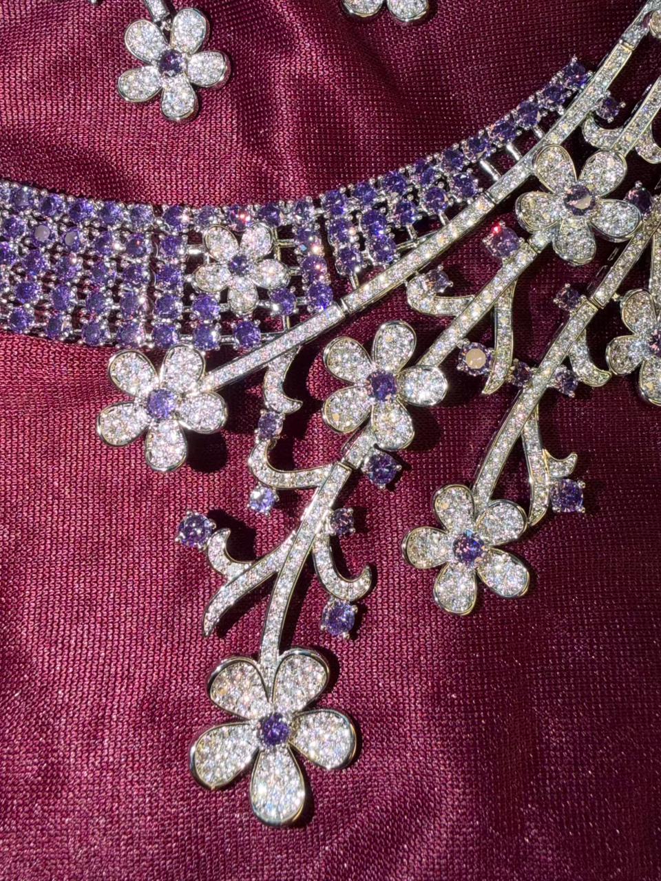 Floral Vine Design Rhodium-Plated Silver Necklace Set with Lavender and Clear Stones