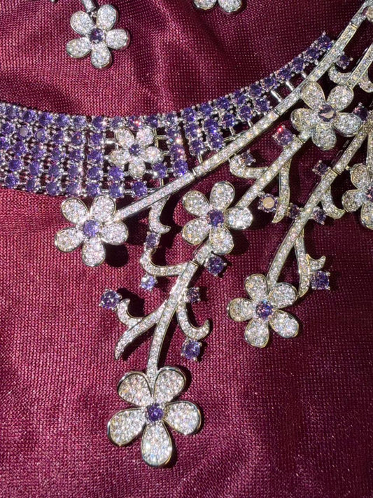 Floral Vine Design Rhodium-Plated Silver Necklace Set with Lavender and Clear Stones