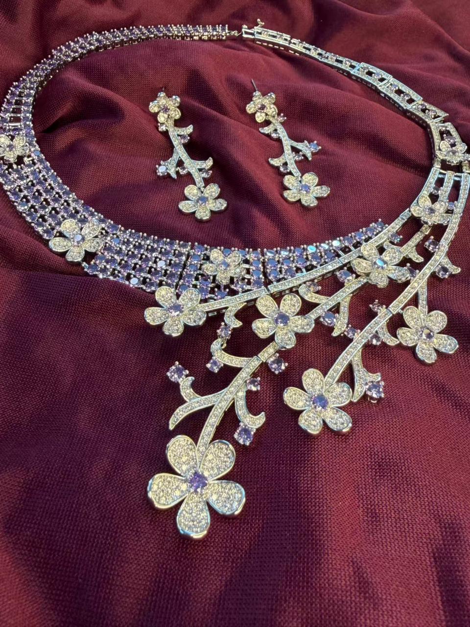 Floral Vine Design Rhodium-Plated Silver Necklace Set with Lavender and Clear Stones