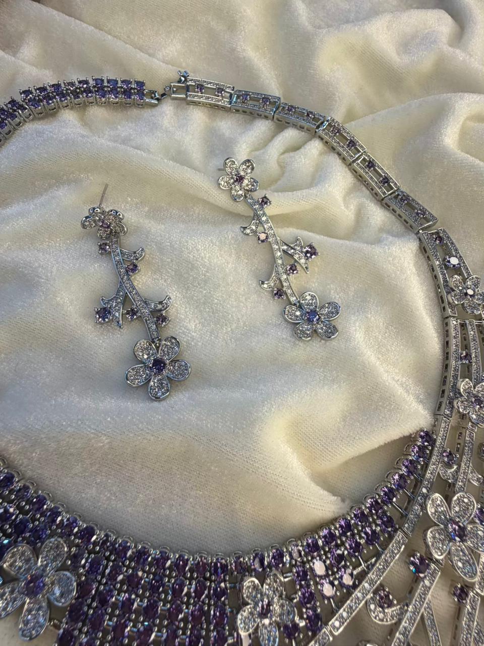 Floral Vine Design Rhodium-Plated Silver Necklace Set with Lavender and Clear Stones