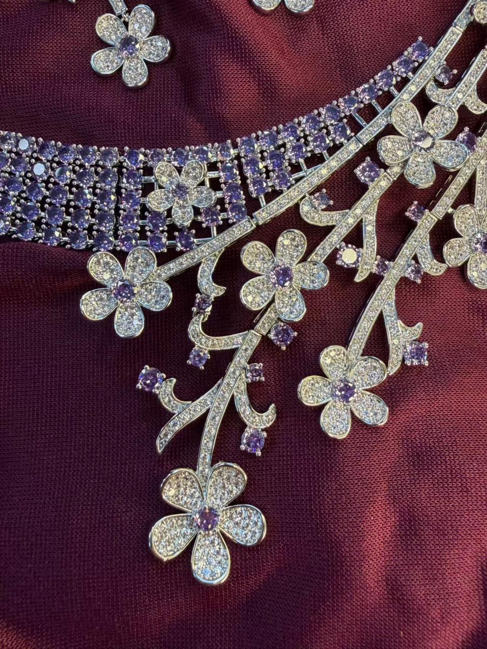 Floral Vine Design Rhodium-Plated Silver Necklace Set with Lavender and Clear Stones