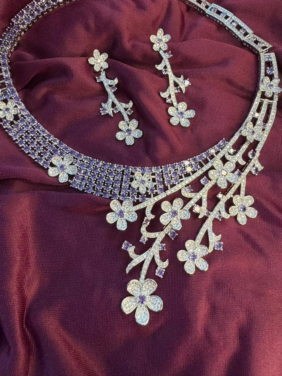 Floral Vine Design Rhodium-Plated Silver Necklace Set with Lavender and Clear Stones