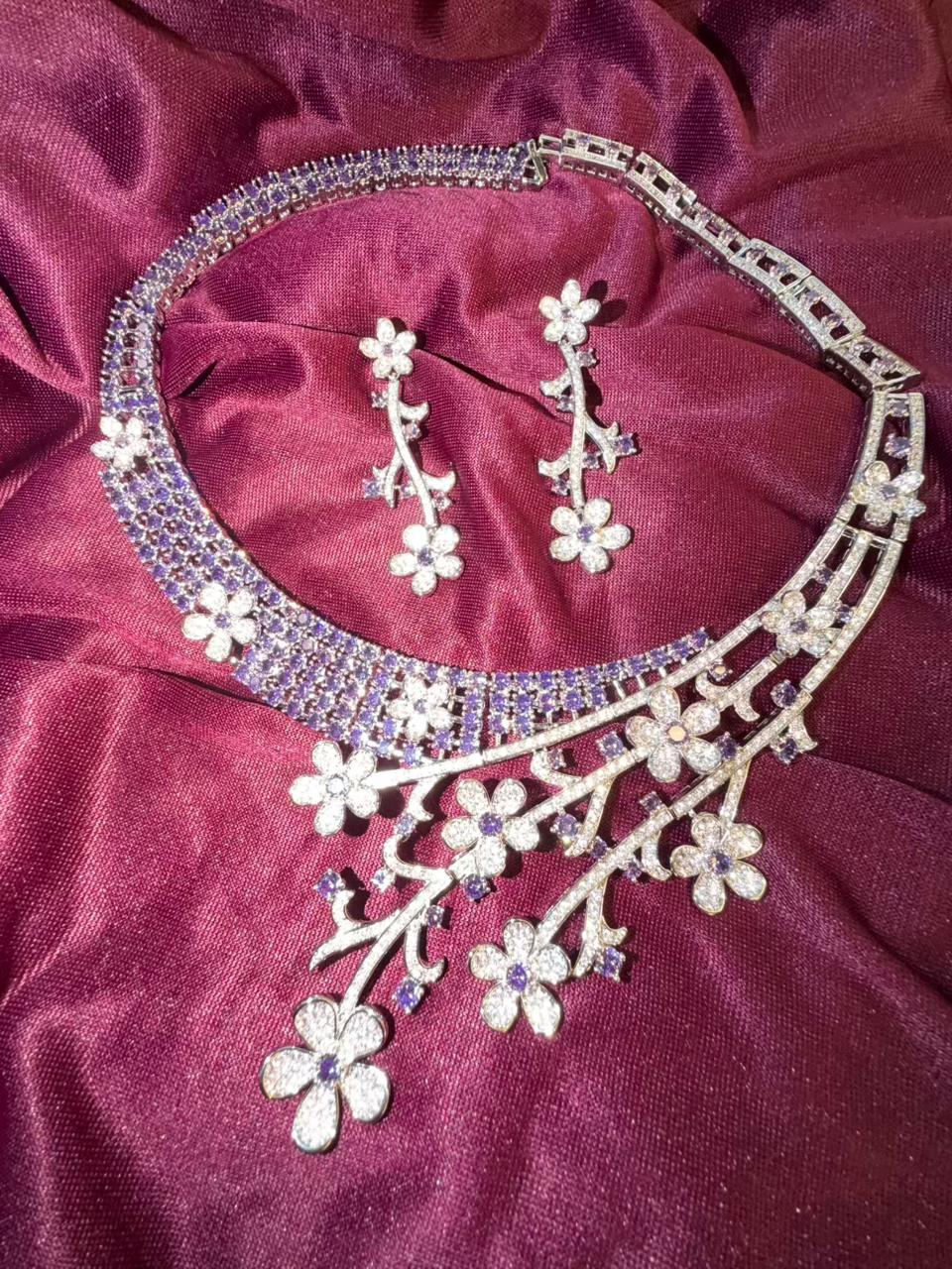 Floral Vine Design Rhodium-Plated Silver Necklace Set with Lavender and Clear Stones