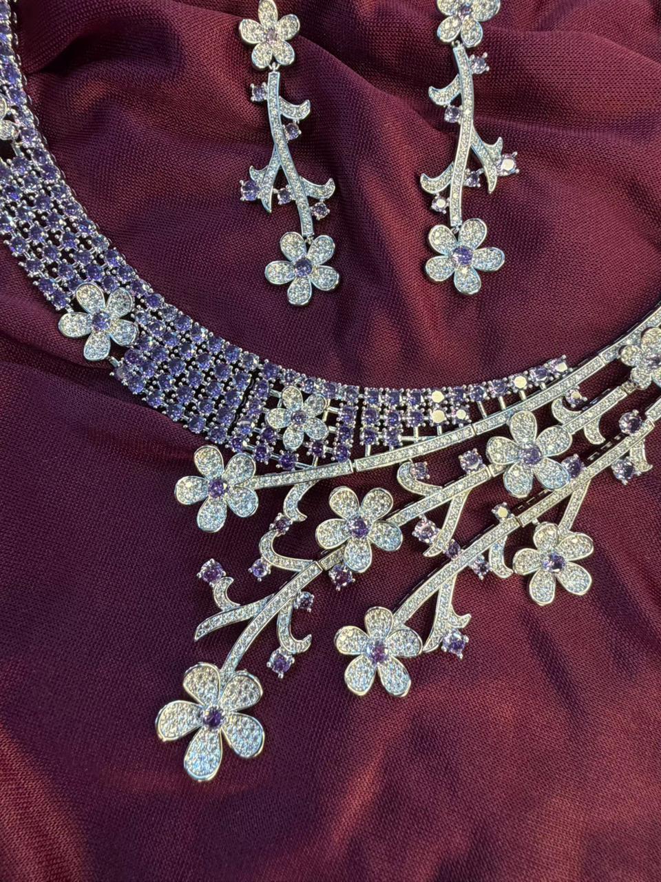 Floral Vine Design Rhodium-Plated Silver Necklace Set with Lavender and Clear Stones