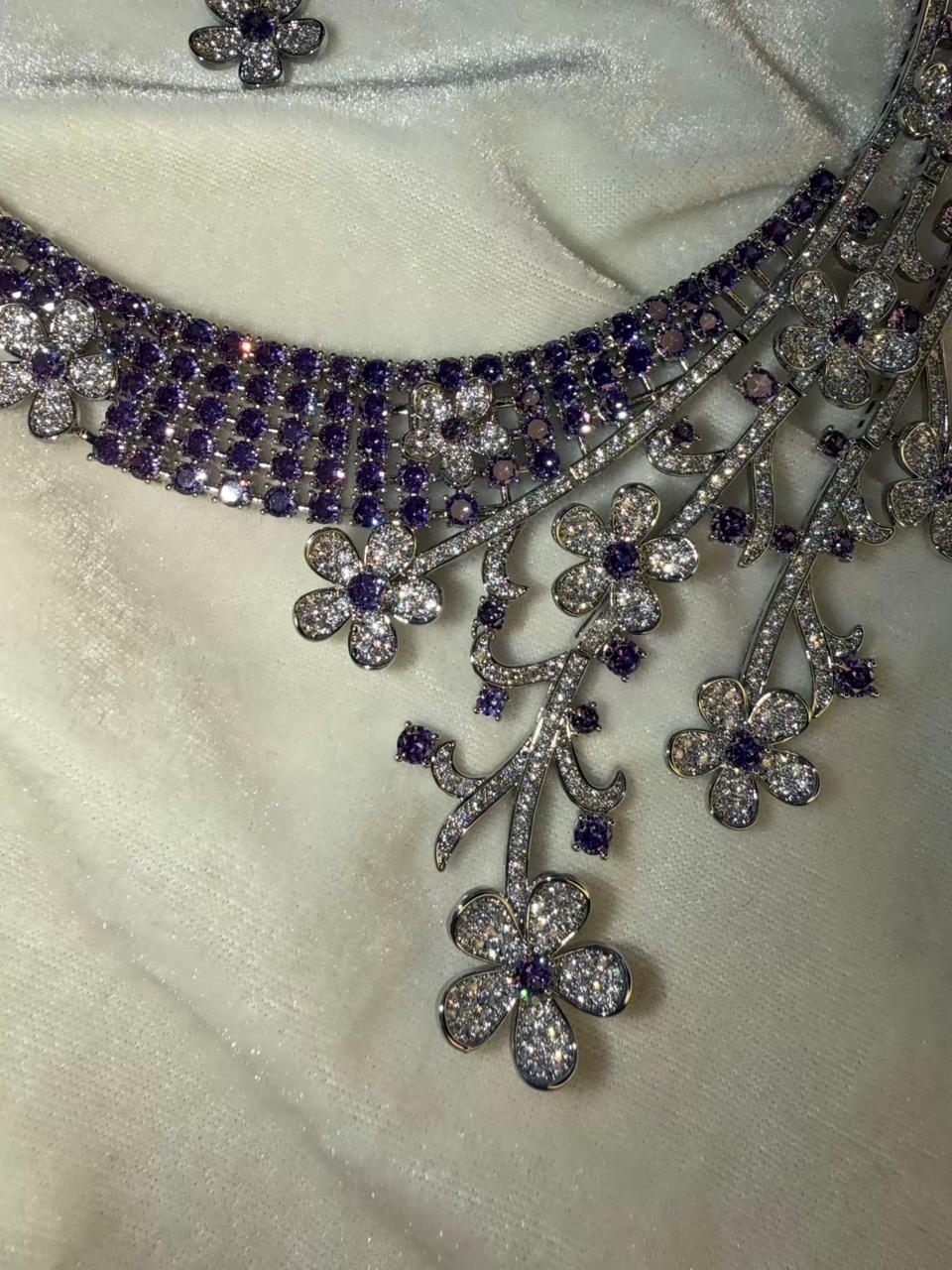 Floral Vine Design Rhodium-Plated Silver Necklace Set with Lavender and Clear Stones