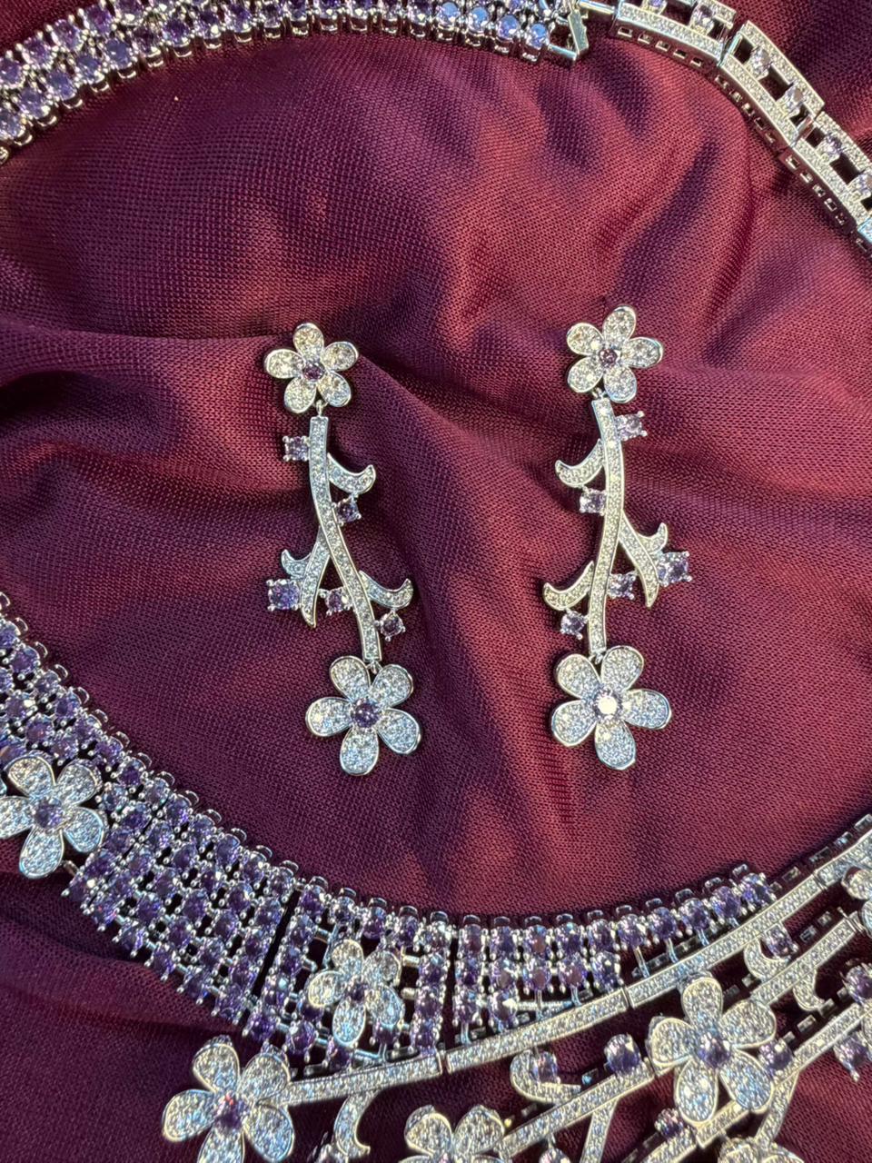 Floral Vine Design Rhodium-Plated Silver Necklace Set with Lavender and Clear Stones