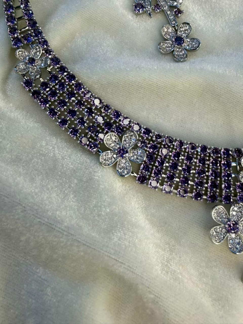 Floral Vine Design Rhodium-Plated Silver Necklace Set with Lavender and Clear Stones