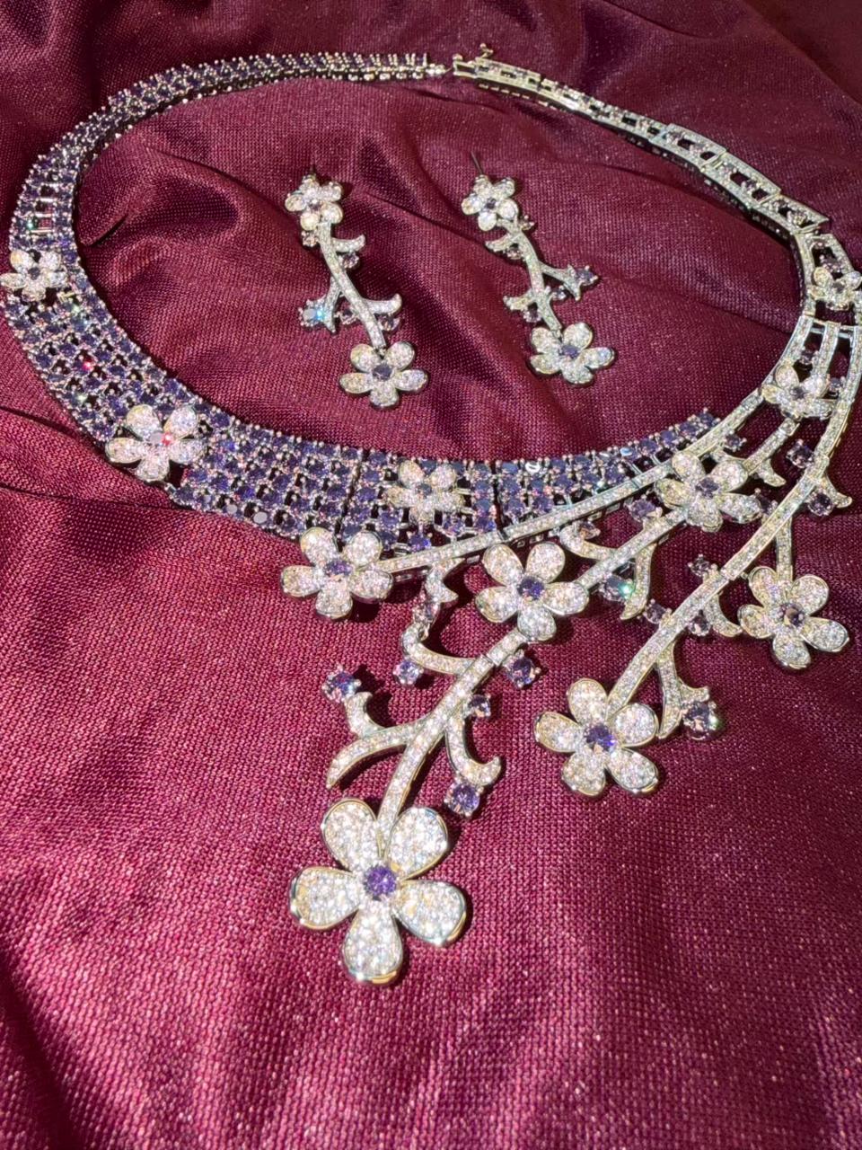 Floral Vine Design Rhodium-Plated Silver Necklace Set with Lavender and Clear Stones