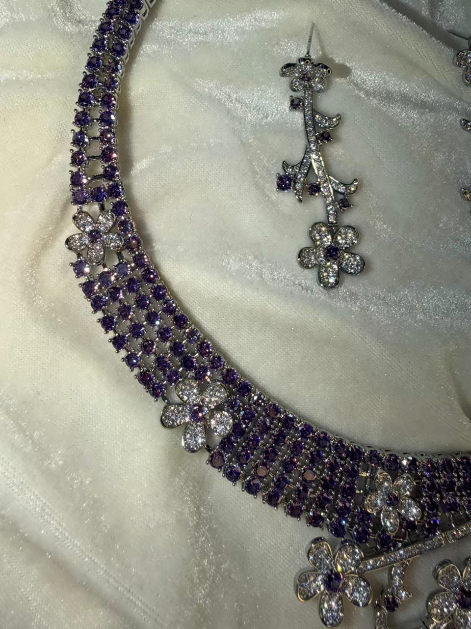 Floral Vine Design Rhodium-Plated Silver Necklace Set with Lavender and Clear Stones