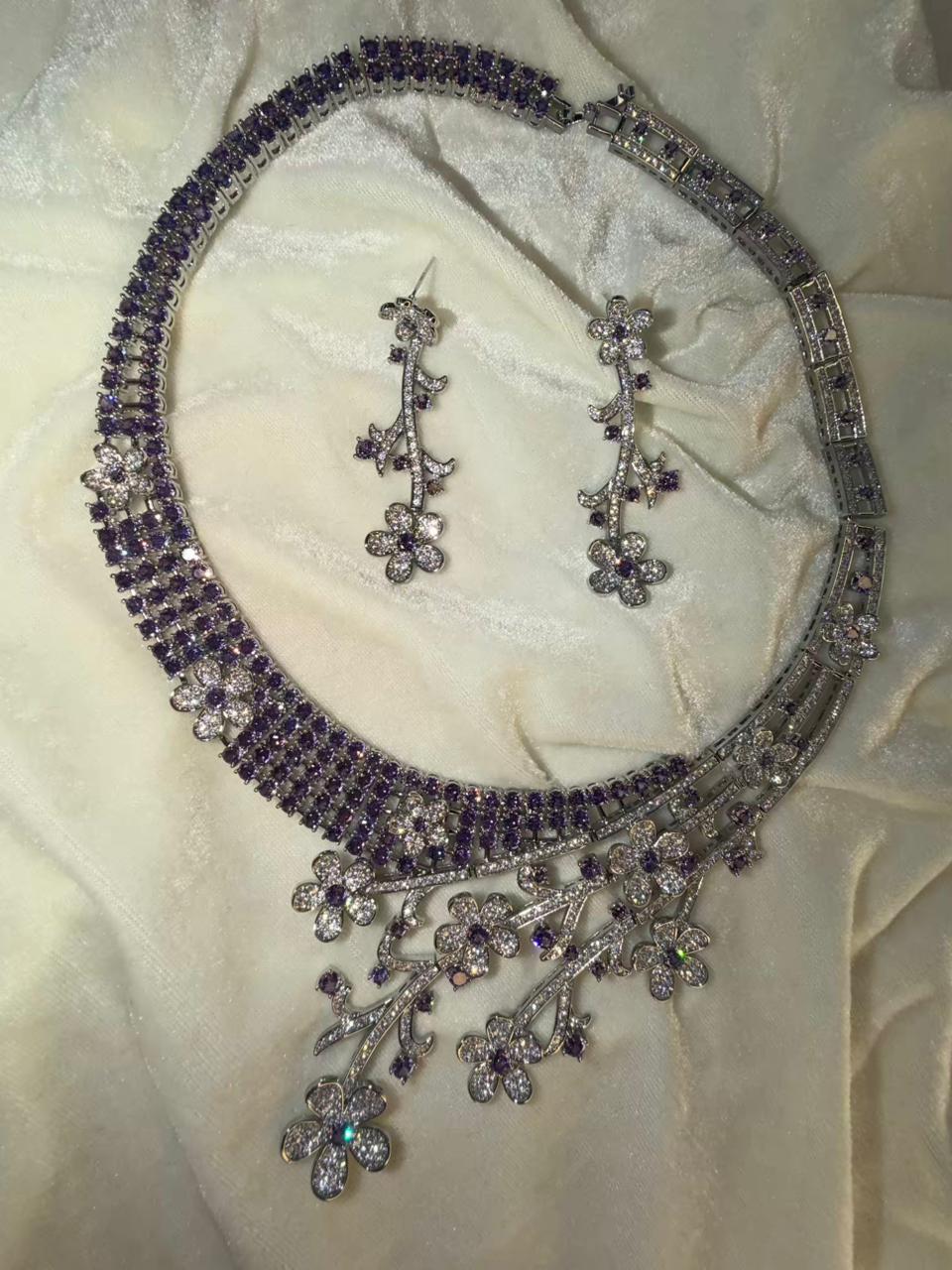 Floral Vine Design Rhodium-Plated Silver Necklace Set with Lavender and Clear Stones