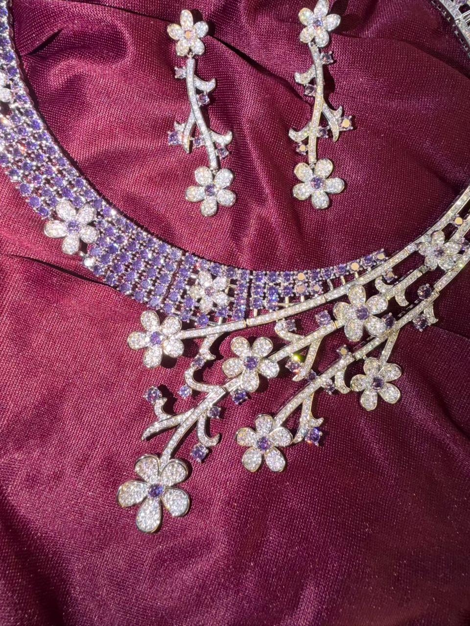 Floral Vine Design Rhodium-Plated Silver Necklace Set with Lavender and Clear Stones