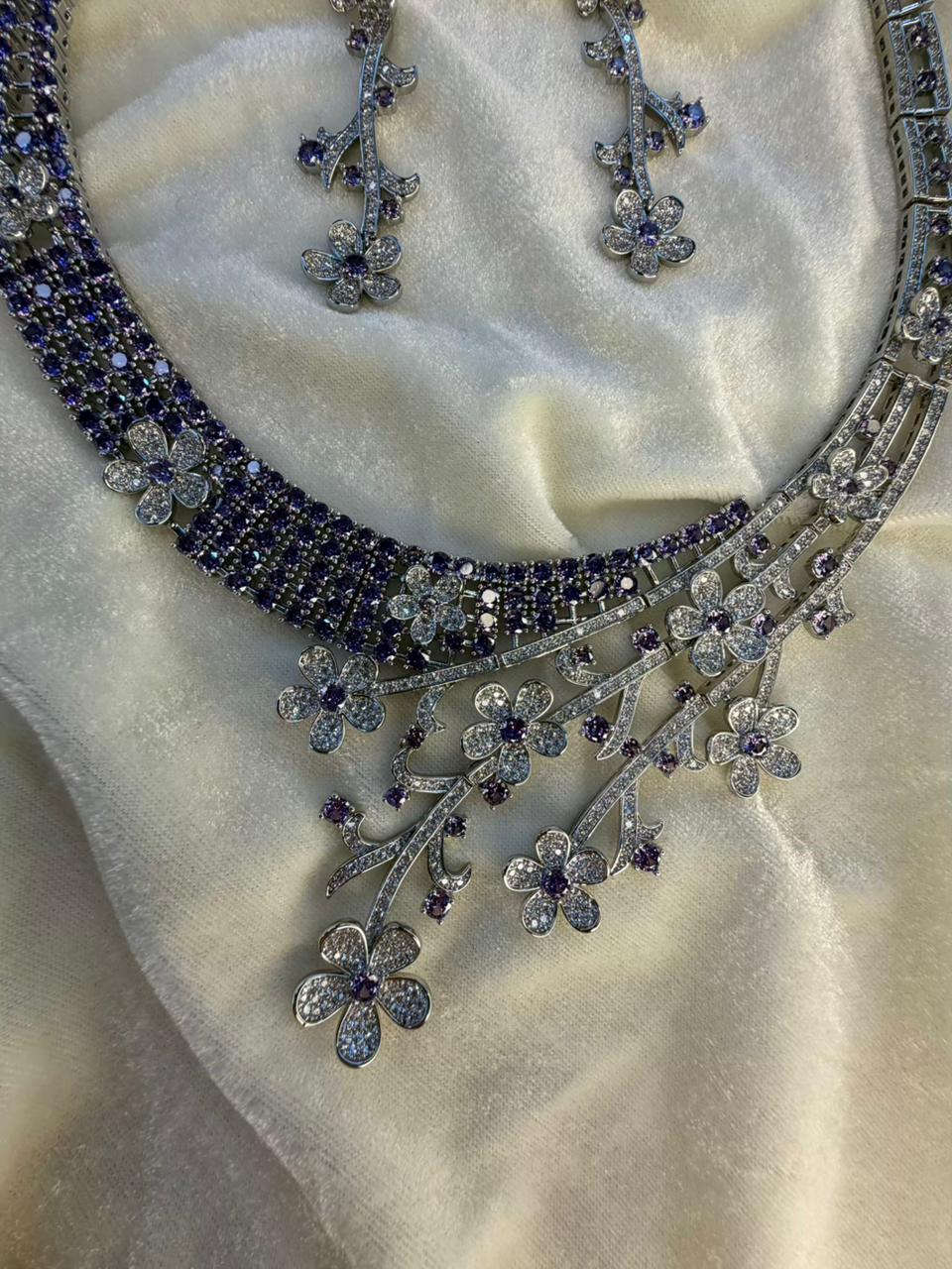 Floral Vine Design Rhodium-Plated Silver Necklace Set with Lavender and Clear Stones