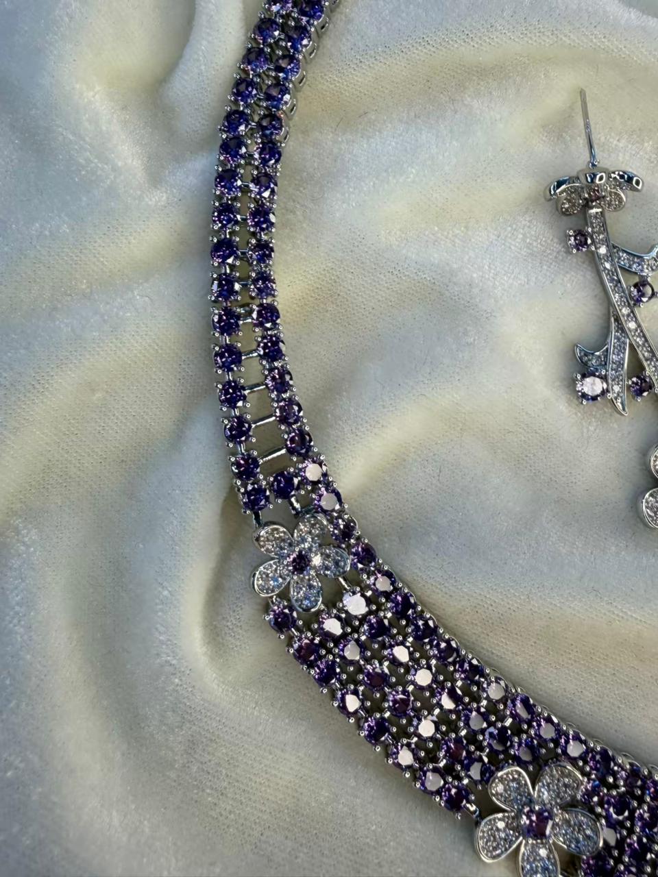 Floral Vine Design Rhodium-Plated Silver Necklace Set with Lavender and Clear Stones