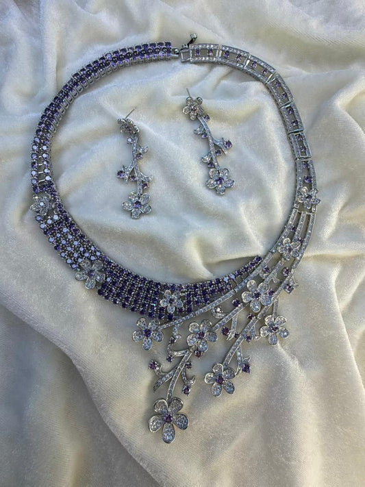 Floral Vine Design Rhodium-Plated Silver Necklace Set with Lavender and Clear Stones