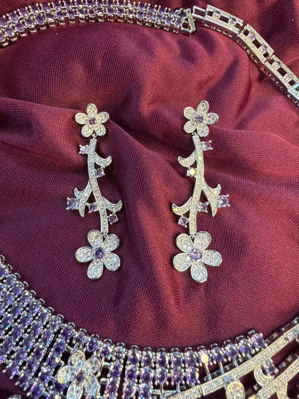 Floral Vine Design Rhodium-Plated Silver Necklace Set with Lavender and Clear Stones