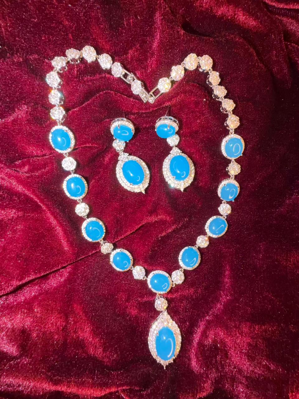 Oval Halo Design Rhodium-Plated Necklace Set with Turquoise Blue Stones