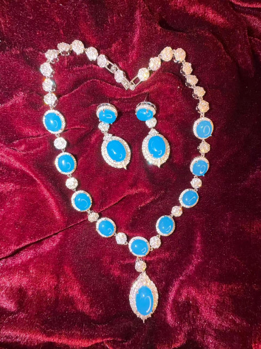 Oval Halo Design Rhodium-Plated Necklace Set with Turquoise Blue Stones