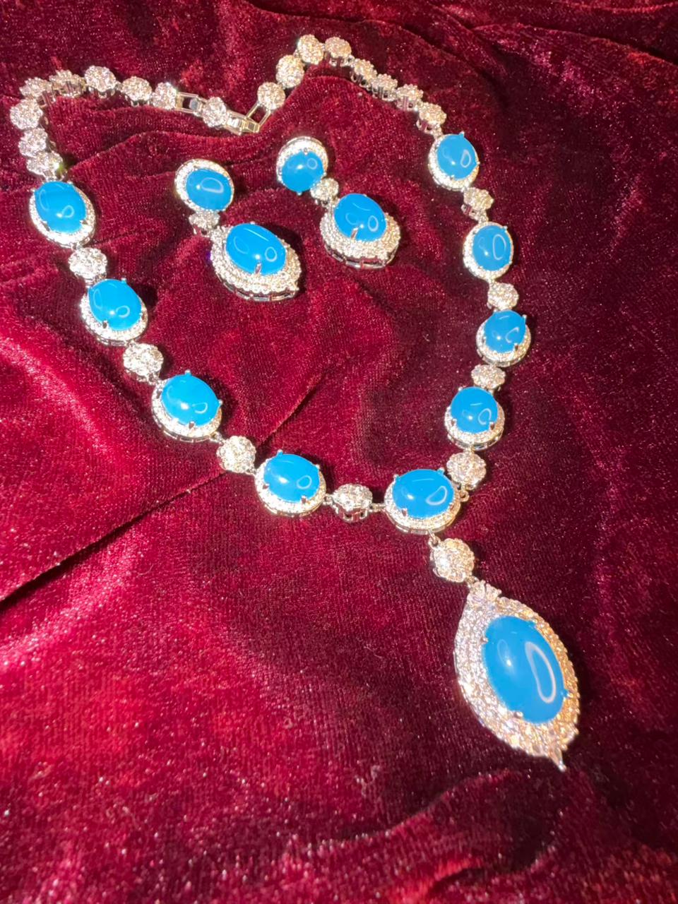 Oval Halo Design Rhodium-Plated Necklace Set with Turquoise Blue Stones