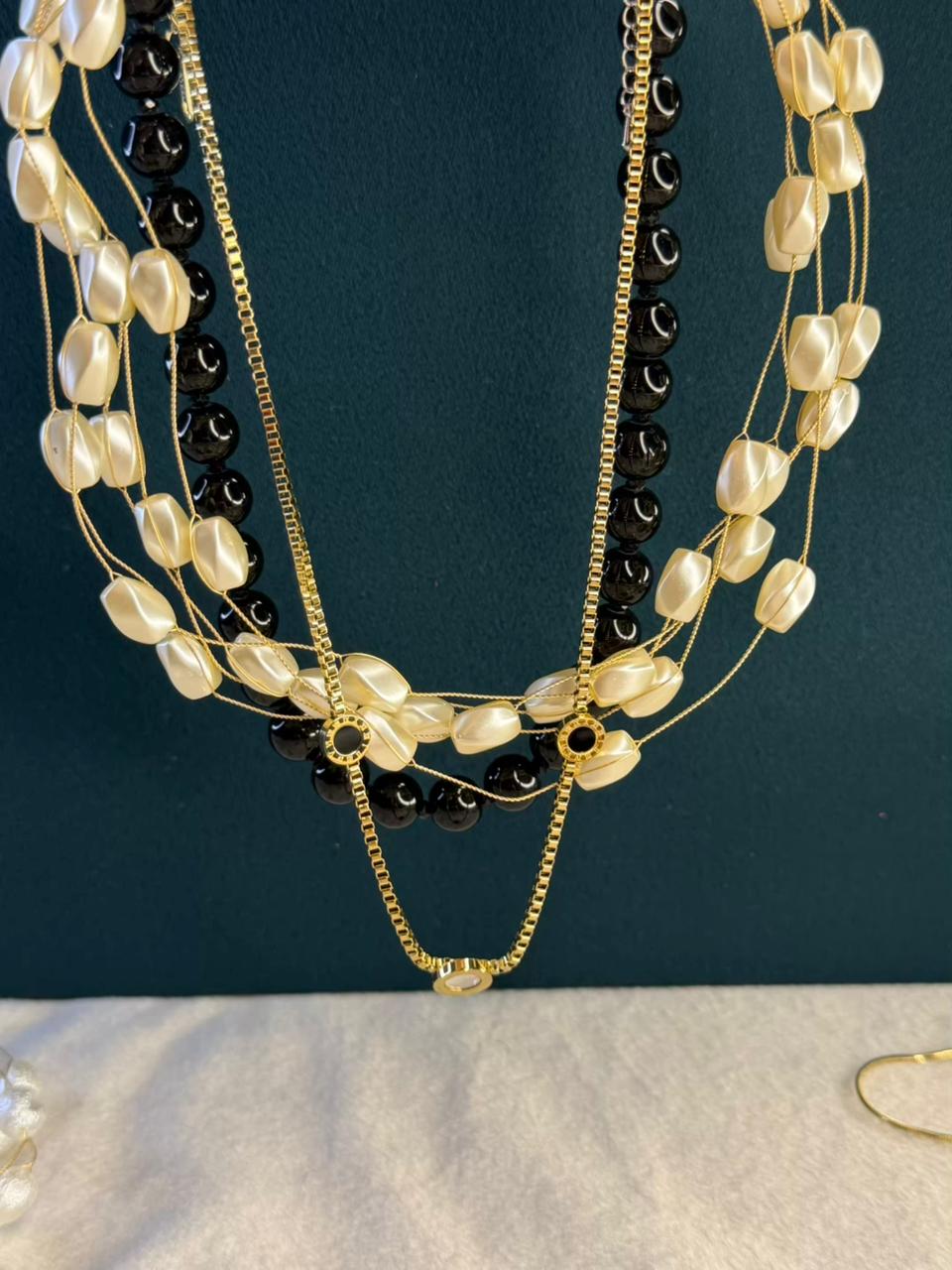 Onyx Line and Ivory Pearl Tria Gold Plated Necklace