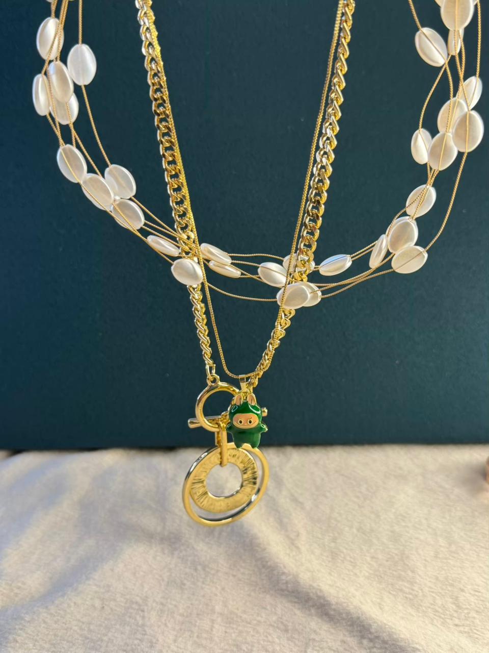 Pearl & Curb Chain Harmony with Green Enamel Drop Gold Plated Necklace
