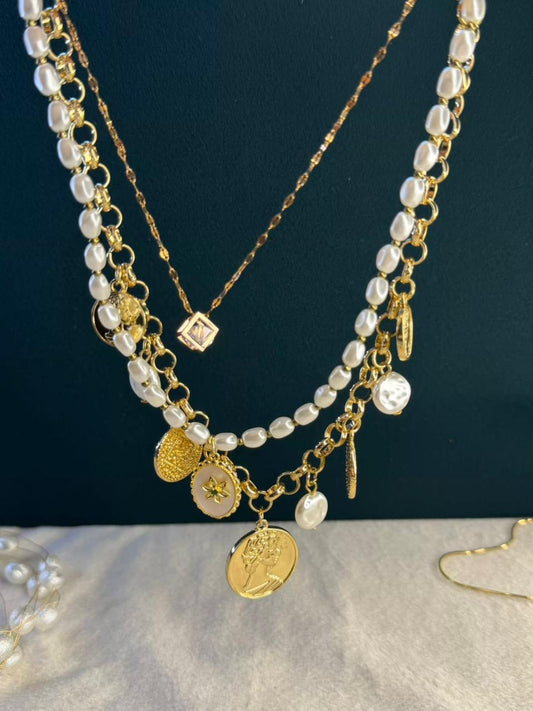 Ivory Pearl Coin Talisman Gold Plated Necklace