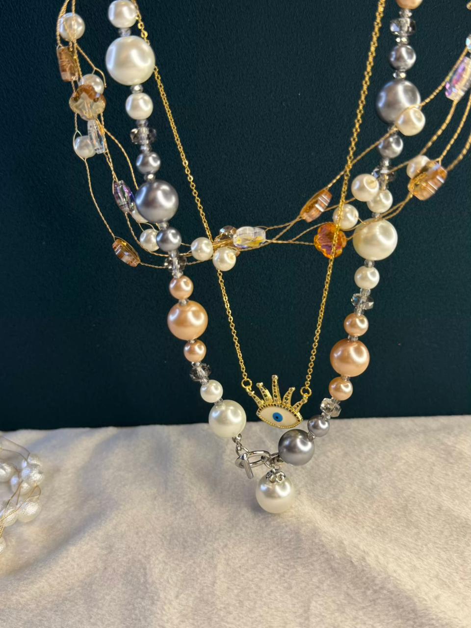 Aurora Pearl Weave with Evil Eye Pendant Gold Plated Necklace