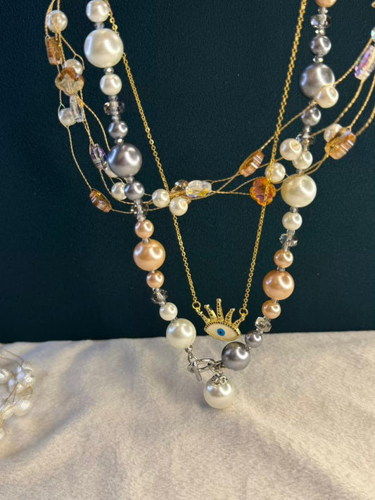 Aurora Pearl Weave with Evil Eye Pendant Gold Plated Necklace