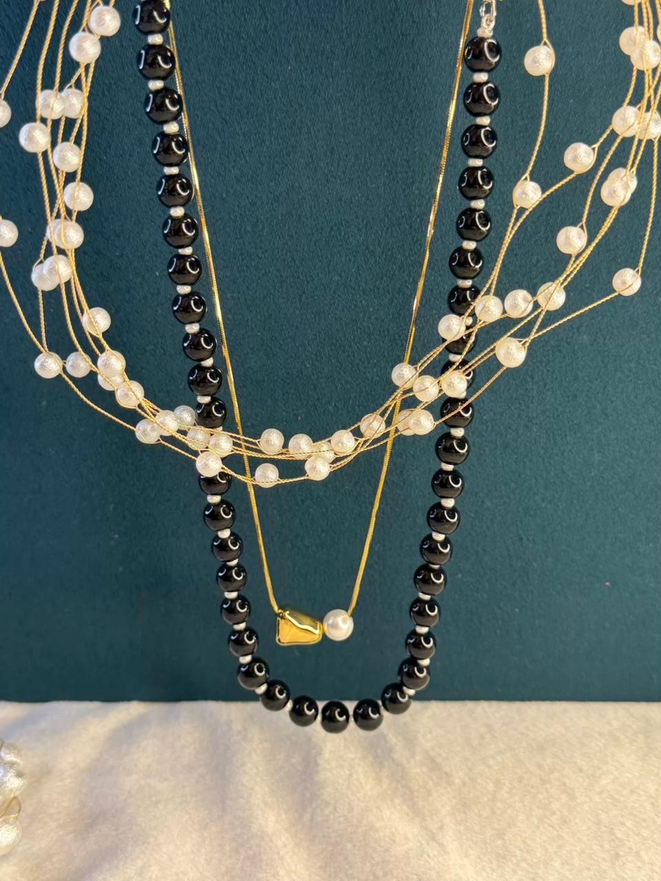 Black and White Pearl Layer Gold Plated Necklace