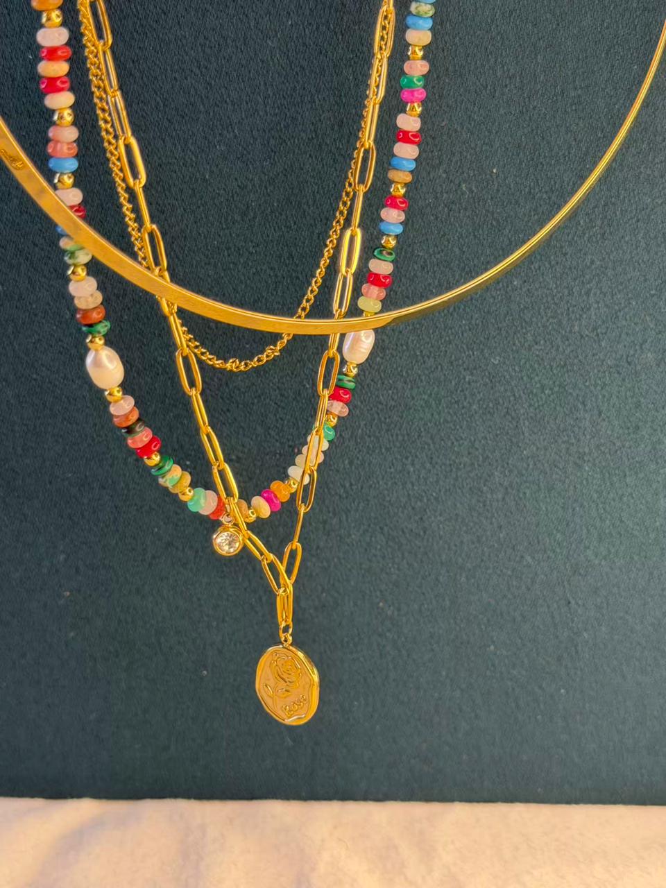 Multicolor Bead Layer Necklace Gold Plated Necklace