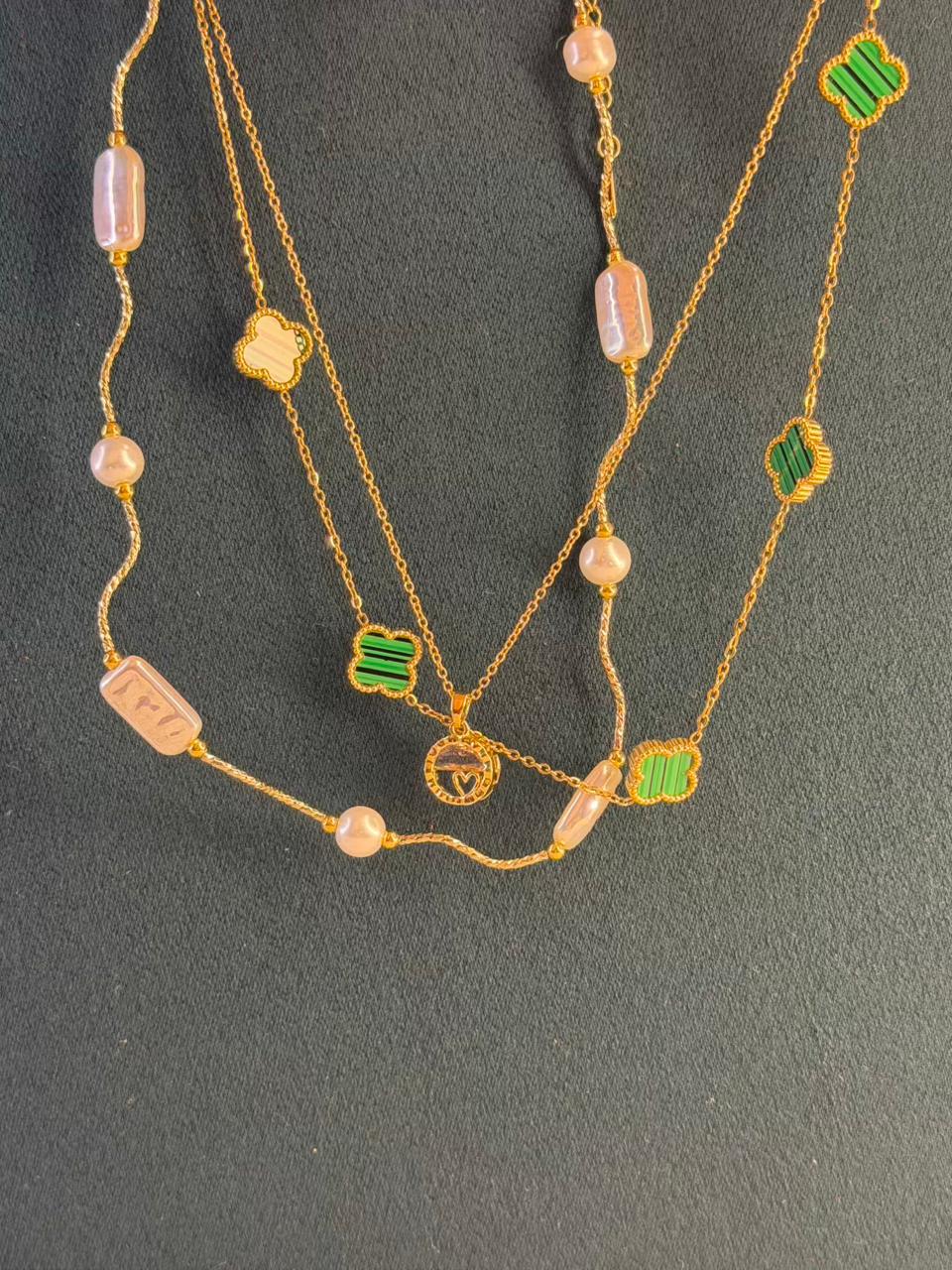Pink Bead & Green Clover Layer Gold Plated Necklace